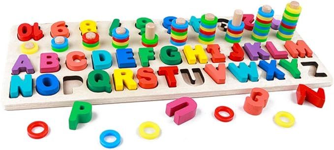 GETIANLAI 4-in-1 Wooden Blocks Puzzle Board Set Alphabet ABC, Numbers and Letters for Toddlers P... | Amazon (US)