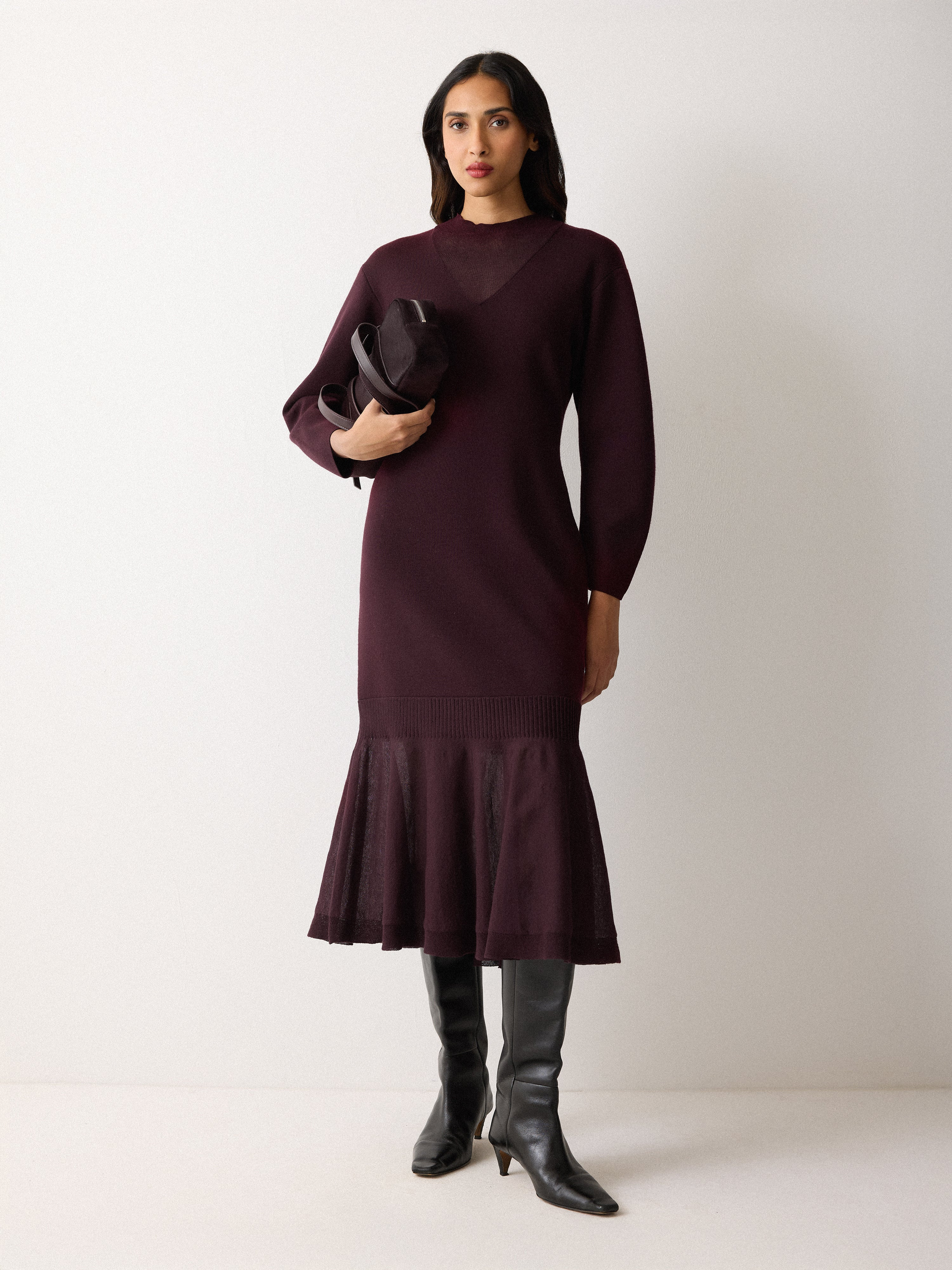 Sheer Panel Knit Dress | Burgundy | Jigsaw (UK)