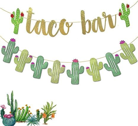 2 Set Fiesta Taco Bar Cactus Banner Garland, Gold Green Glittery Fiesta Banner for Mexican Fiesta... | Amazon (US)