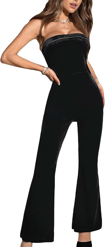 WDIRARA Women's Off Shoulder Tube Top Strapless Sleeveless Flare Leg Solid Jumpsuit Romper | Amazon (US)