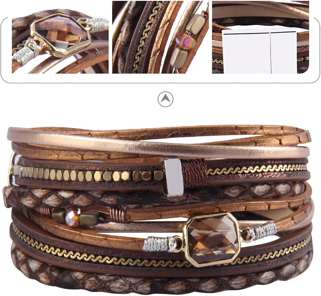 GelConnie Leather Wrap Bracelet Boho Cuff Bracelets Crystal Leather Bracelet Magnetic Multi Stran... | Amazon (US)