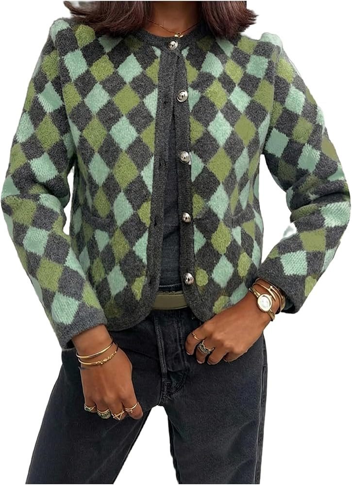 WDIRARA Women's Checkered Cardigan Sweaters Long Sleeve Button Up Plaid Knit Top Outerwear | Amazon (US)