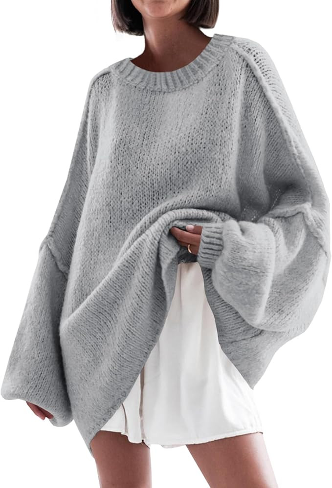 Saodimallsu Womens Oversized Sweater Chunky Crew Neck Long Lantern Sleeve Knit Fall Trendy Tunic ... | Amazon (US)