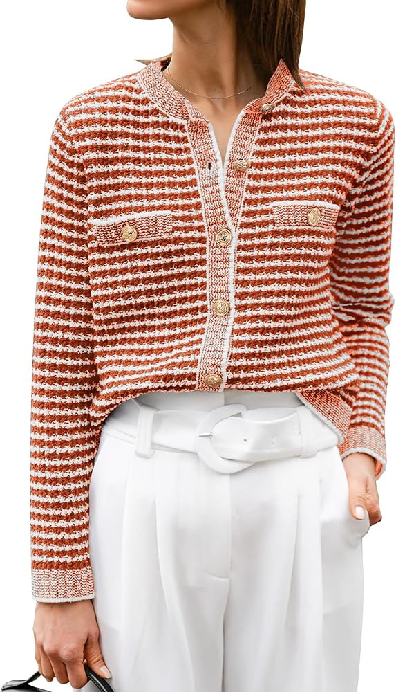 ANRABESS Women's Striped Cardigan Sweaters Casual Long Sleeve Open Front Button Down Knit Cropped... | Amazon (US)