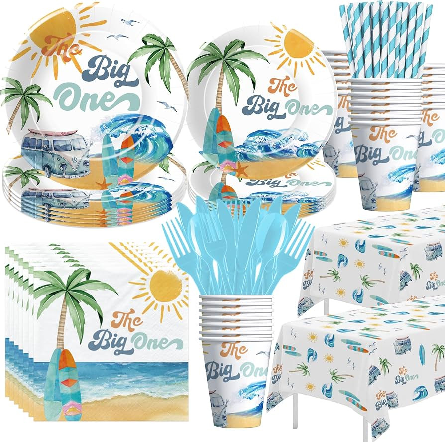 Surf First Birthday Party Supplies Boy - Surfing The Big One Birthday Decorations Tableware, Plat... | Amazon (US)