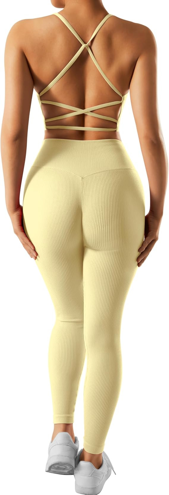 RXRXCOCO Ribbed Workout Sets for Women 2 Piece Backless Strappy Sports Bra Seamless Leggings Matc... | Amazon (US)