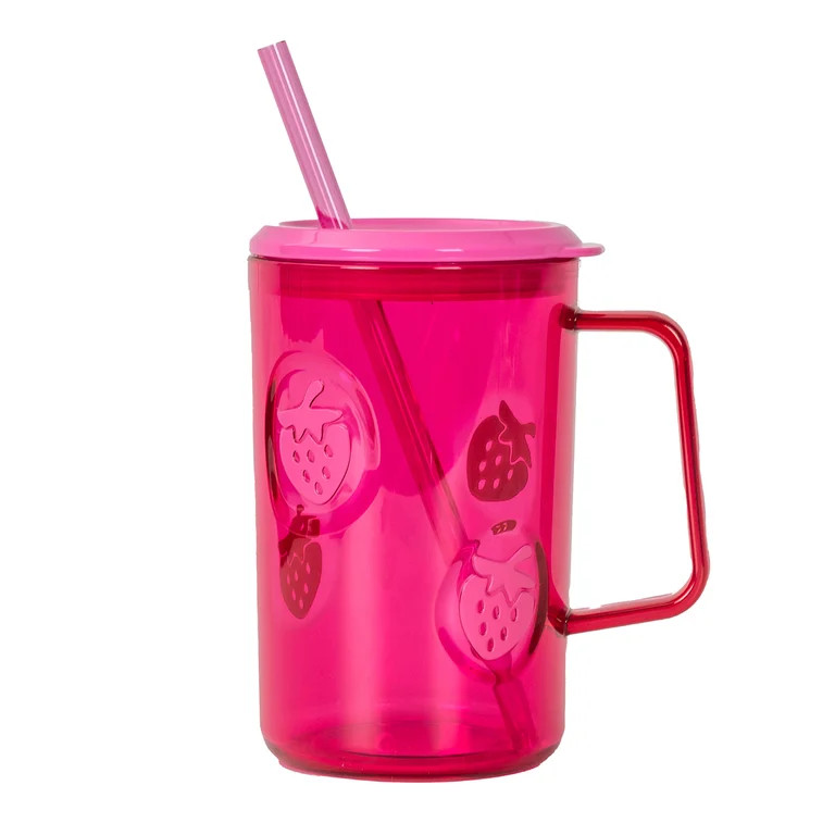 Mainstays 20oz Insulated Plastic Mug with Lid, Straw & Handle, Pink, Strawberry | Walmart (US)