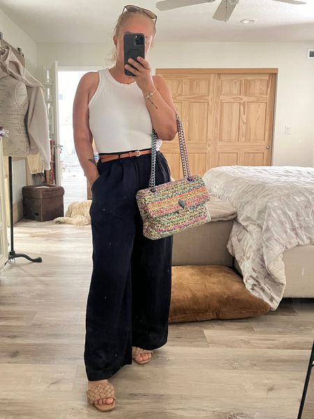 Today looks-Navy blue trouser pants, white top, nude sandals and this colorful bag Kurt Geiger London.

#LTKItBag #LTKOver40 #LTKFindsUnder100