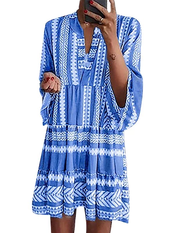 DYMADE Women's 3/4 Sleeve V Neck Bohemian Ruffle Midi Dress Flowy Summer Dress | Walmart (US)