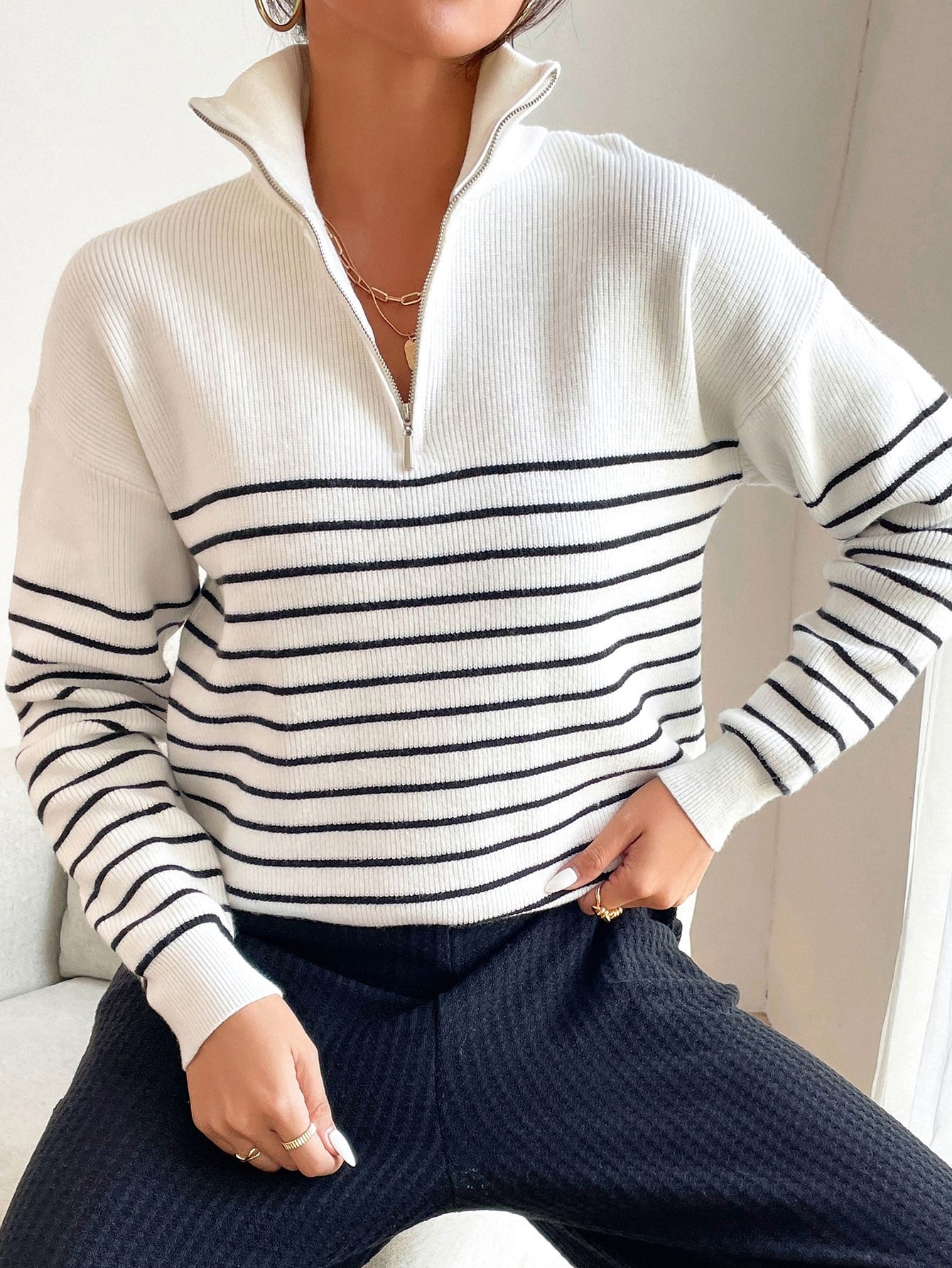Striped Pattern Half Zip Drop Shoulder Sweater | SHEIN