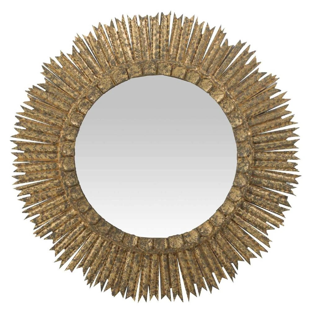 Ramona Global Antique Gold Pine Wood Sunburst Frame Round Wall Mirror | Kathy Kuo Home