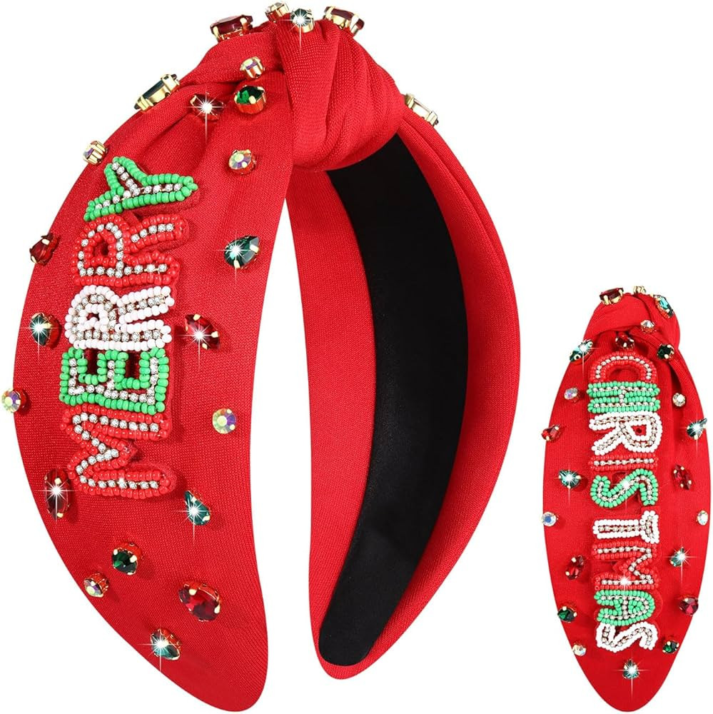 Christmas Headband for Women Holiday Christmas Accessories Beaded Xmas Bow Tree Snowflake HOHOHO ... | Amazon (US)