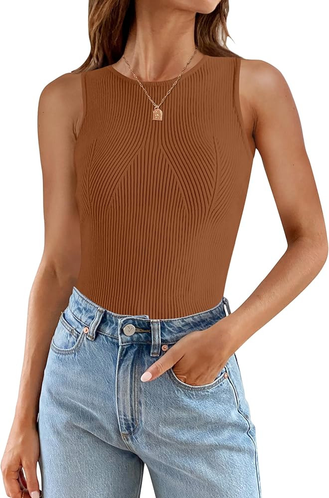ZESICA Womens Ribbed Tank Tops Summer Sleeveless High Neck Casual Slim Fitted Basic Knit Shirts | Amazon (US)