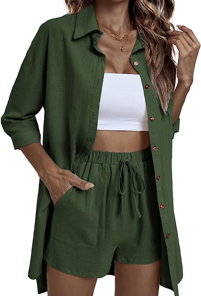 ELESOL Women 2 Piece Outfit Sets Cotton Linen Button Down Shirt and Shorts Lounge Tracksuit Sets | Amazon (US)