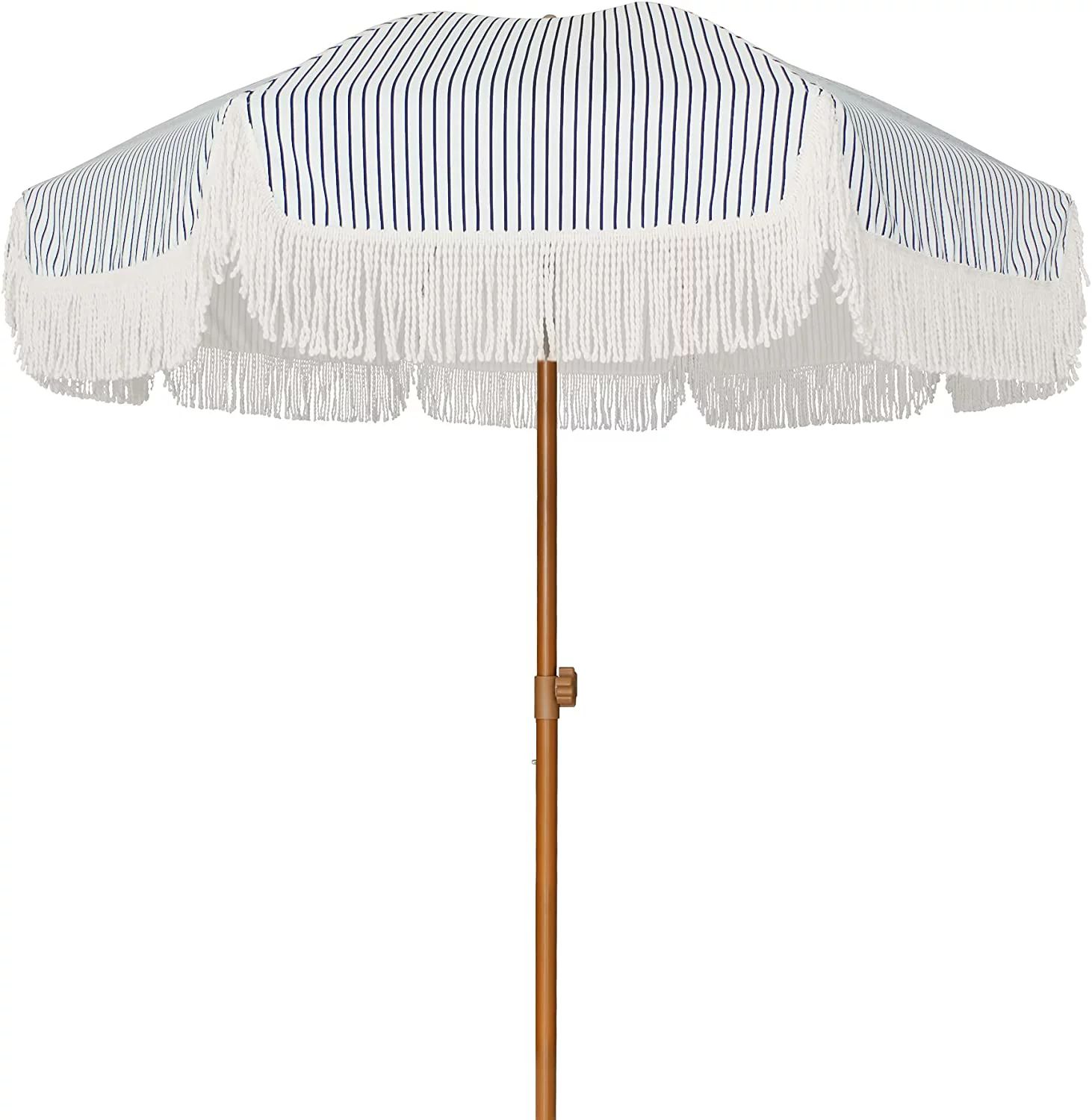 7ft Patio Umbrella with Fringe Outdoor Tassel Umbrella UPF50+ Wood Color Steel Pole and Steel Rib... | Walmart (US)