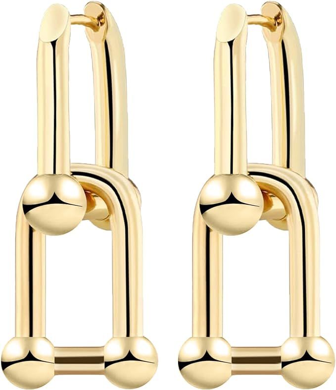 14K Gold Plated U Shape Pin Chunky Earring for women Y2K Style Drop Earrings Paperclip Link Chain... | Amazon (US)