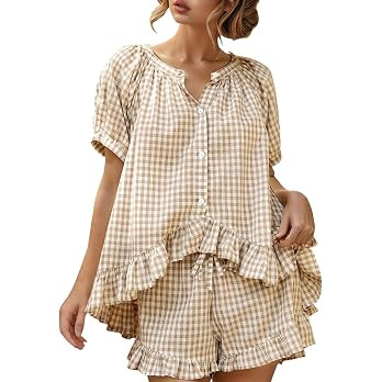 Wyeysyt Womens Gingham Pajamas Set 2 Piece Cotton Pj Sets Ruffle Babydoll Shirt and Plaid Shorts(... | Amazon (US)