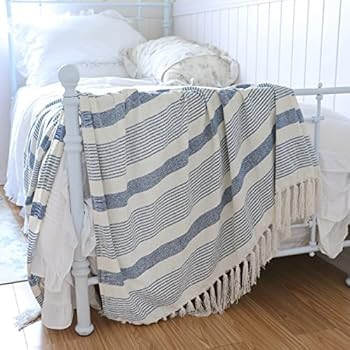 Boho Farmhouse Woven Navy and Ivory Chenille Throw Fringe 50 x 60 Blanket Blue and White Striped, Ve | Amazon (US)
