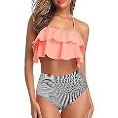 Tempt Me Women Two Piece Swimsuits High Waisted Bikini Teen Ruffle Tummy Control Bottoms Halter B... | Amazon (US)