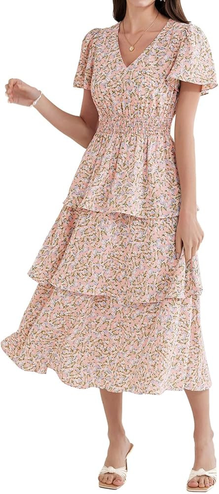 GRACE KARIN Women's 2025 Floral Summer Long Midi Dress V Neck Short Sleeve Ruffle Tiered Layered ... | Amazon (US)