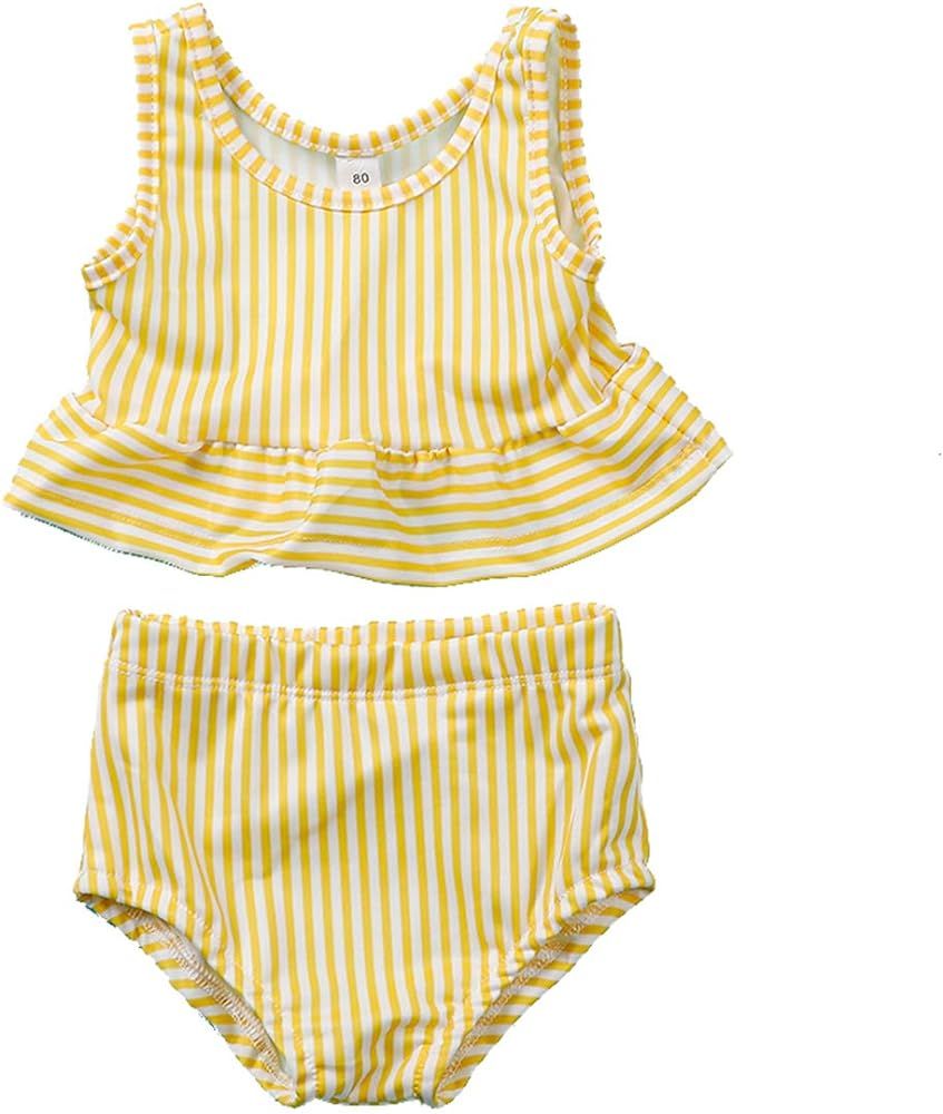 Baby Girl Bikini Striped Beach Swimsuit Ruffles Bathing Suit Adjustable Swimwear 2 Pcs Set | Amazon (US)