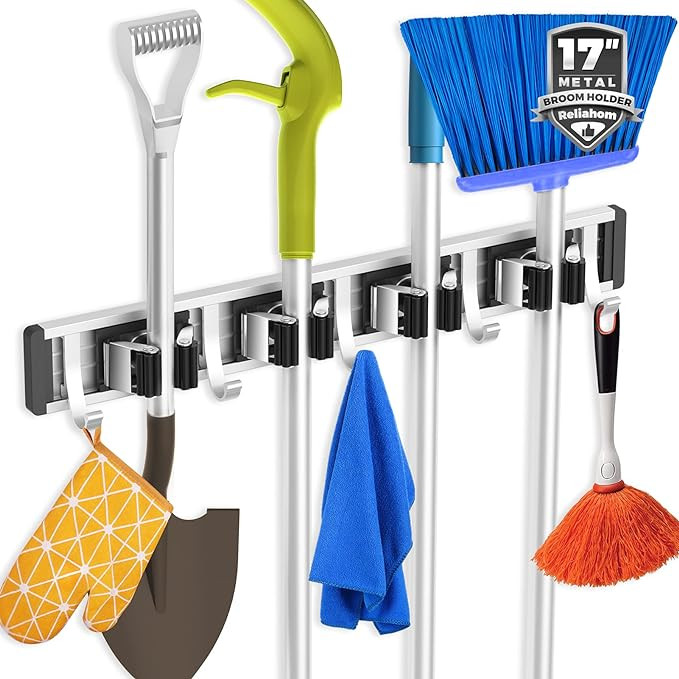 Broom Holder Mop Hanger Wall Mount Metal Organization Garage Storage System Garden Kitchen Tool O... | Amazon (US)