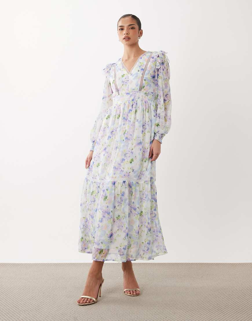 VILA ladder lace frill detail maxi dress in white floral print | ASOS (Global)
