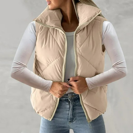 Puffer Vest Women Lightweight Packable Vests Autumn and Winter 2024 with Zip Pockets Beige XL | Walmart (US)