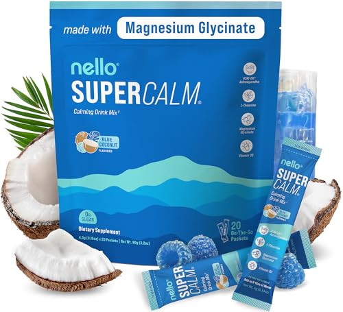 Nello Supercalm Powdered Drink Mix, Blue Coconut, L Theanine, Ksm-66 Ashwagandha, Magnesium Glycinate, Vitamin D 3, Supplements for Relaxation & Focus, No Sugar, Non GMO, On The Go, 20 Srvgs | Amazon (US)