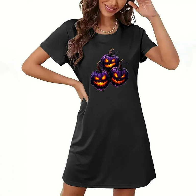 Oksale Womens Funny Pumpkins Printed Nightgowns Casual Round Neck Short Sleep Dress Halloween Nig... | Walmart (US)