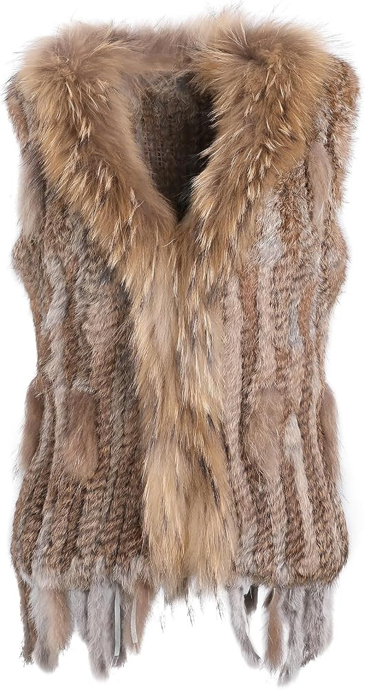 BOONJOVIA Women's Real Rabbit Fur Knitted Vest Raccoon Fur Collar Trim For Autumn Winter | Amazon (US)