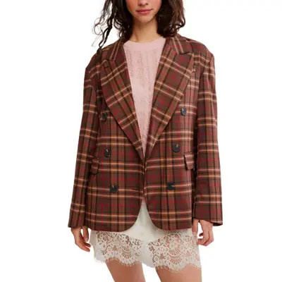 Free People Dean Double Breasted Blazer in Plum Combo at Nordstrom, Size Medium | Nordstrom