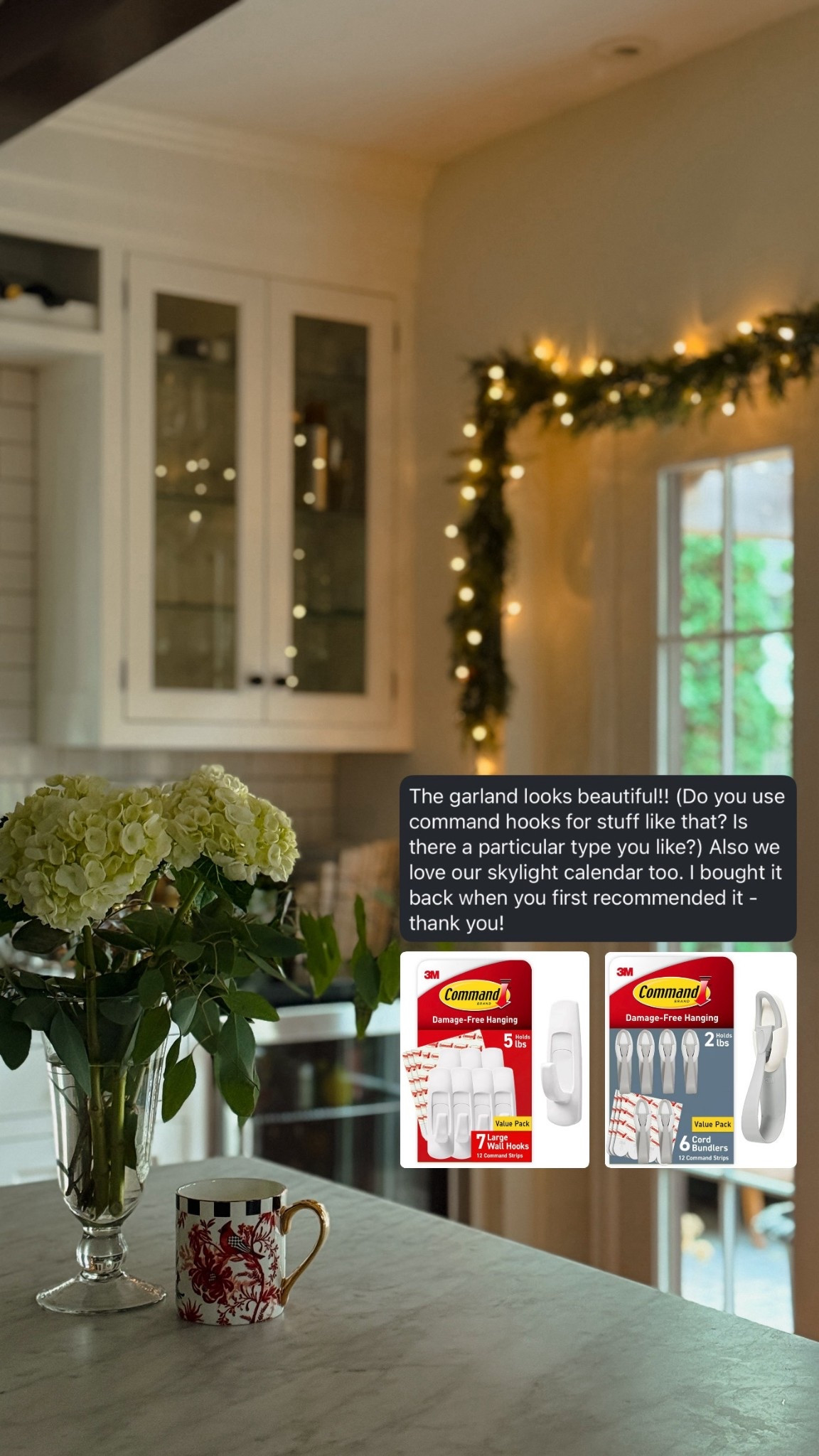 I like to use these two command hooks. The cord bundlers are great! I always stick on the wall the night before hanging to make sure they stick well. I love this thinner garland because it’s lightweight and easy to hang  

#LTKHome #LTKHoliday