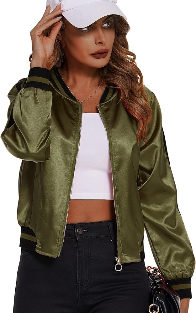 Women's Bomber Jacket Lightweight Zip Up Jacket Casual Striped Jacket Coat Outerwear Windbreaker wit | Amazon (US)