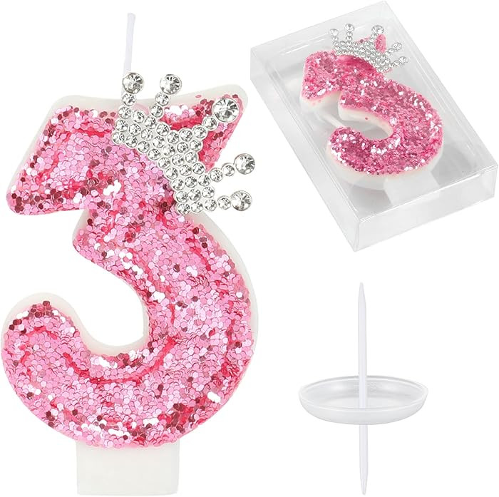 Birthday Number Candles,Pink Crown Birthday Candles for Cake,Glitter Number 3 Candle Cake Topper ... | Amazon (US)