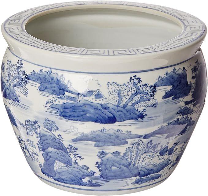 Oriental Furniture 12" Landscape Blue & White Porcelain Fishbowl | Amazon (US)