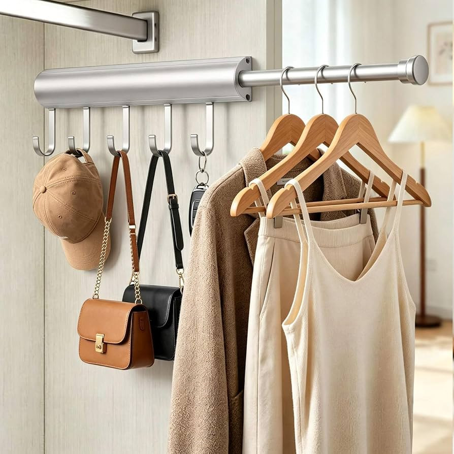 12 Inch Valet Rod for Closet Pull Out Heavy Duty Hidden Closet Valet Rod with 5 Hooks Retractable... | Amazon (US)