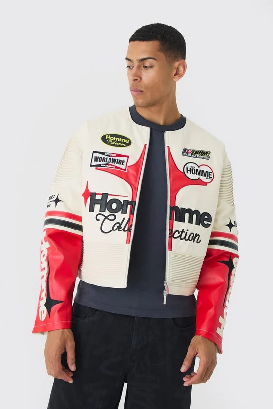 Boxy Collarless Homme PU Moto Jacket In Ecru | boohooMAN (US & Canada)