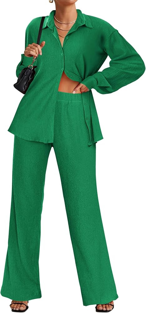 Ekouaer Lounge Set for Women Button Down 2 Pieces Outfits Long Sleeve Pajamas Loungewear with Poc... | Amazon (US)