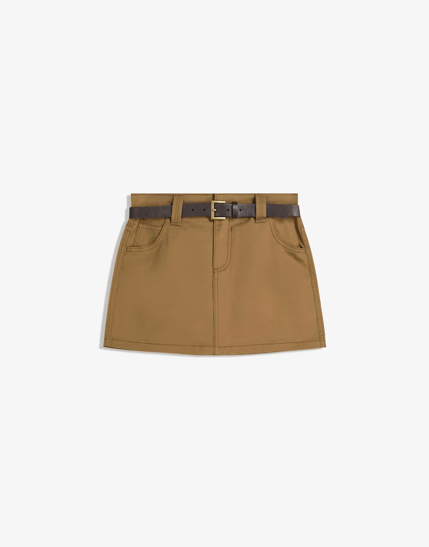 Bershka Cotton mini skirt with belt in camel-Neutral | ASOS (Global)