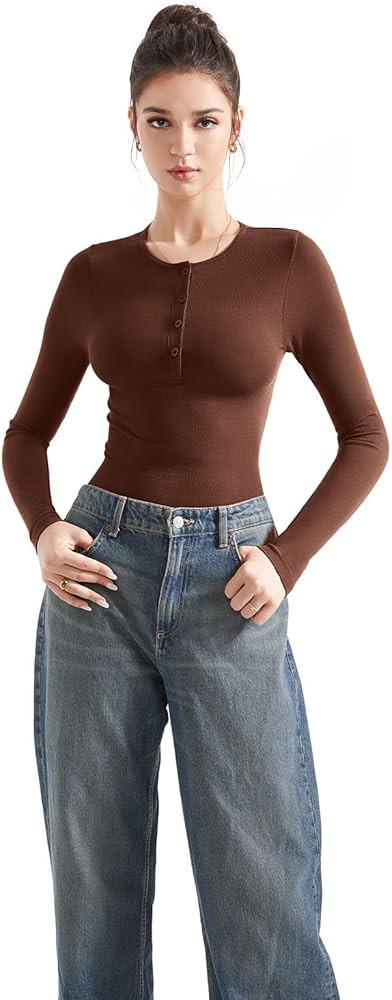 SUUKSESS Women Slim Crew Neck Going Out Button up Long Sleeve Cropped Tank Tops Scoop Neck Workou... | Amazon (US)