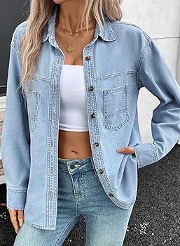 Sidefeel Women Denim Shirts Oversized Long Sleeve Button Down Blouse V Neck Casual Top Shackets | Amazon (US)