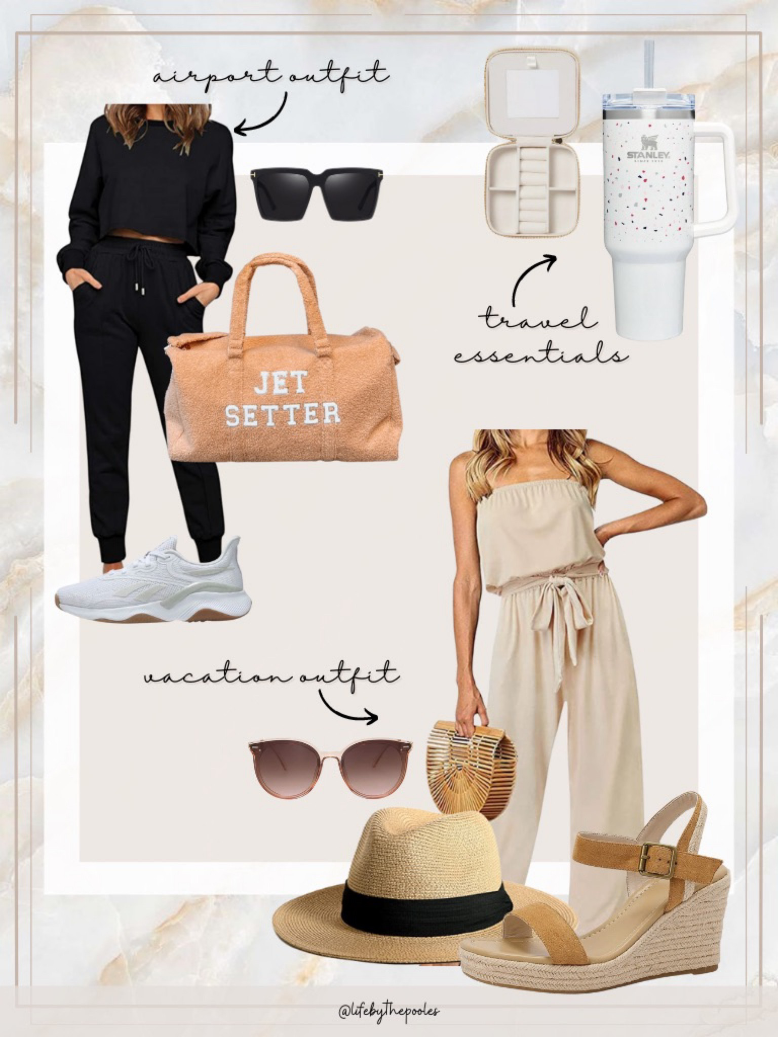 Travel outfits, airport outfit, travel outfit ideas, travel essentials, travel necessities, vacation outfit, vacation outfits, beach outfit, tropical vacation, cruise outfit, jumpsuit, wedge sandals, vacation sandals, fedora, sun hat, sunglasses, travel bag, oversized travel bag, Stanley cup, jewelry travel case, sunglasses, black sunglasses, brown sunglasses, travel shoes, wicker handbag, travel luggage 

#LTKunder100 #LTKtravel #LTKstyletip