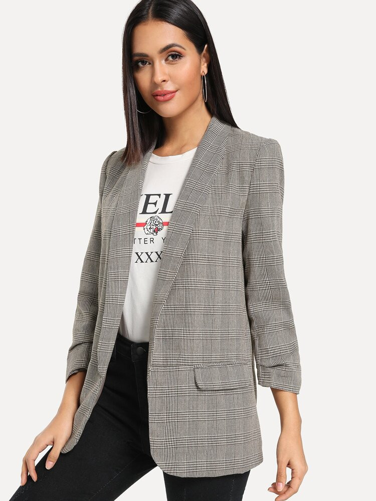 Shawl Collar Pocket Patched Plaid Blazer | SHEIN