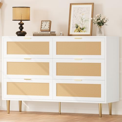 IDEALHOUSE Rattan 6 Drawer Dresser for Bedroom, Modern Chest of Drawers with Gold Legs and Gold H... | Amazon (US)