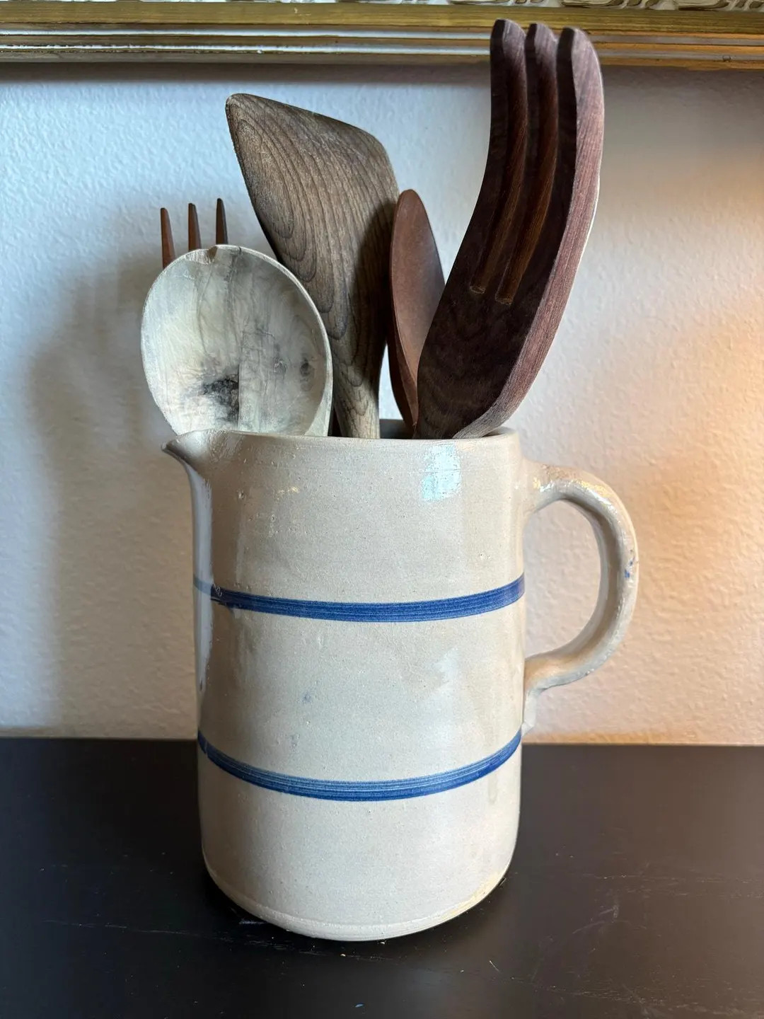 Vintage Stoneware Pitcher with Blue Stripes - 7.5" Tall | Etsy (US)