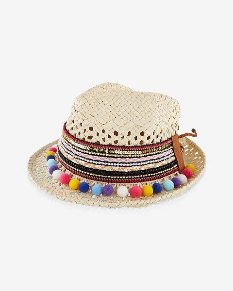 embroidered straw pom pom fedora | Express