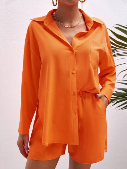 Patched Pocket Drop Shoulder Blouse & Shorts | SHEIN