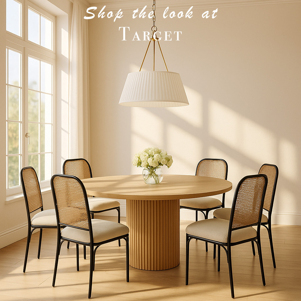 Dining Room. Shop the look at Target. Round fluted dining table. Cane dining chairs. 

 