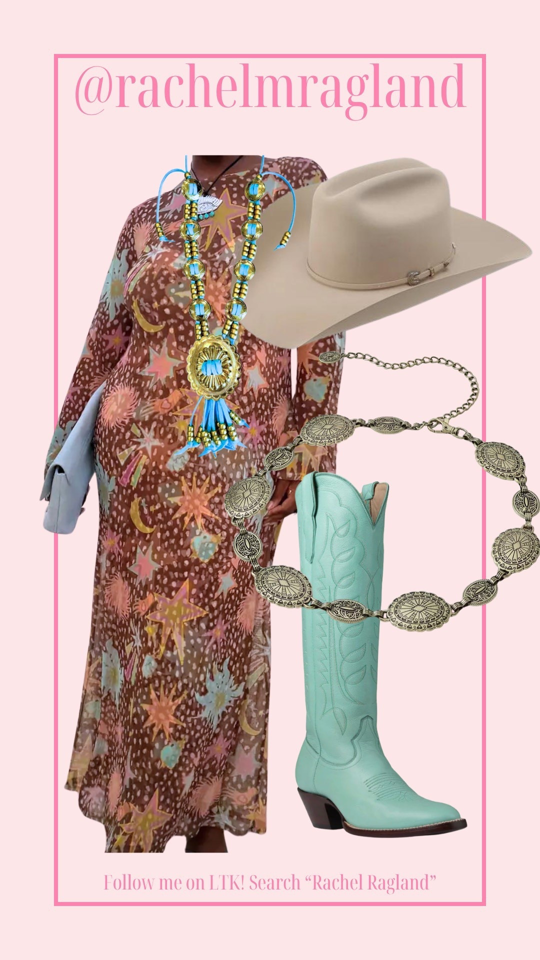Western looks. Rodeo dress. City boots. Cowboy hat. Concho necklace  

#LTKFestival #LTKMidsize #LTKootd